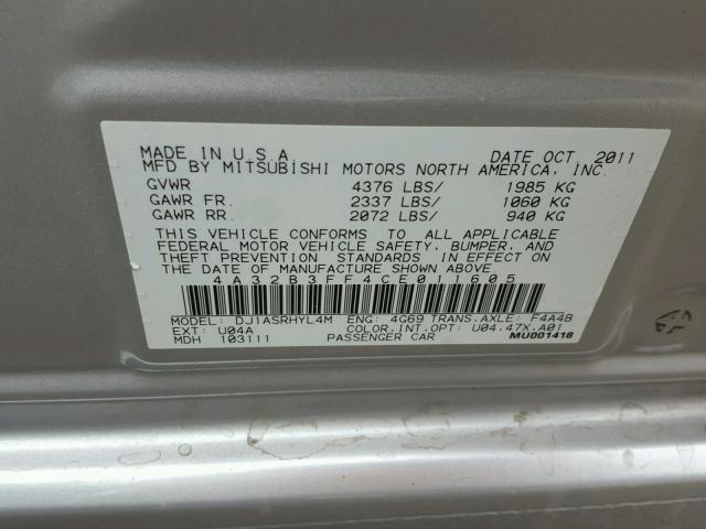 4A32B3FF4CE011605 - 2012 MITSUBISHI GALANT ES SILVER photo 10