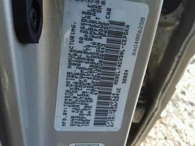 4T1BE30K82U036443 - 2002 TOYOTA CAMRY LE SILVER photo 10