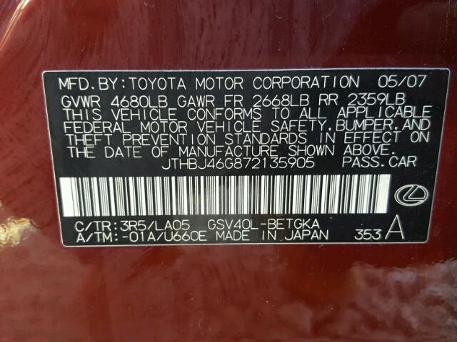 JTHBJ46G872135905 - 2007 LEXUS ES 350 BURGUNDY photo 10