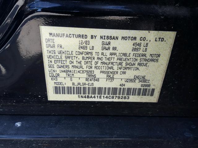 1N4BA41E14C879283 - 2004 NISSAN MAXIMA SE BLACK photo 10