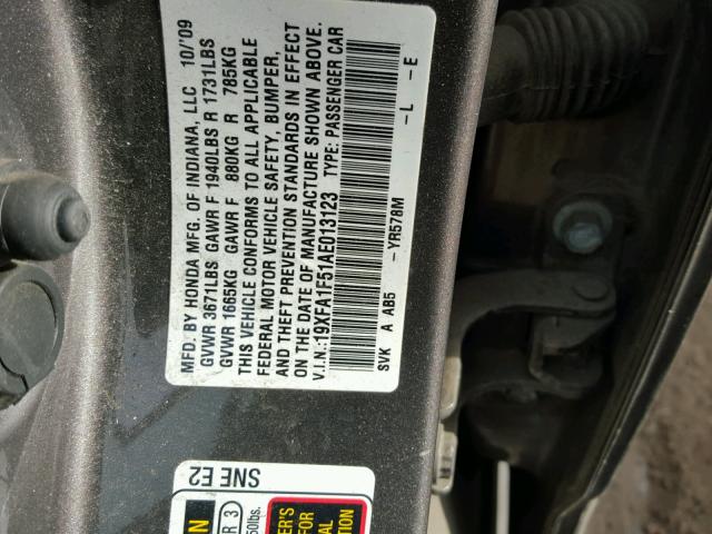 19XFA1F51AE013123 - 2010 HONDA CIVIC LX GRAY photo 10