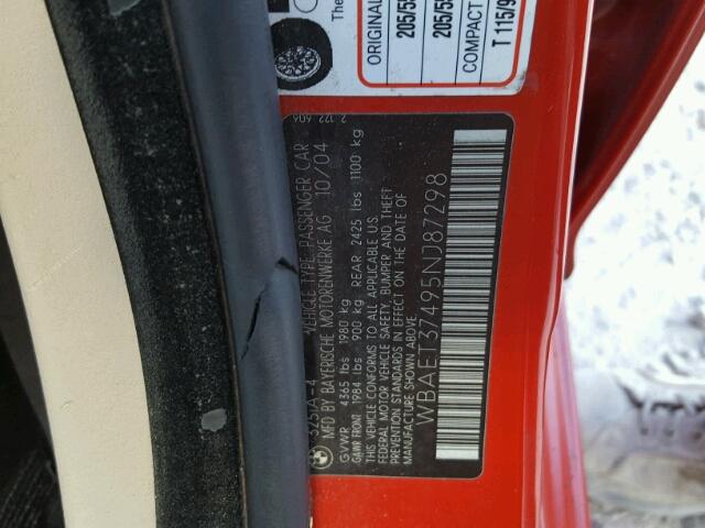 WBAET37495NJ87298 - 2005 BMW 325 I RED photo 10