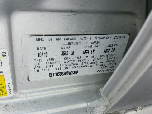 KL1TD5DE3BB162398 - 2011 CHEVROLET AVEO LS SILVER photo 10