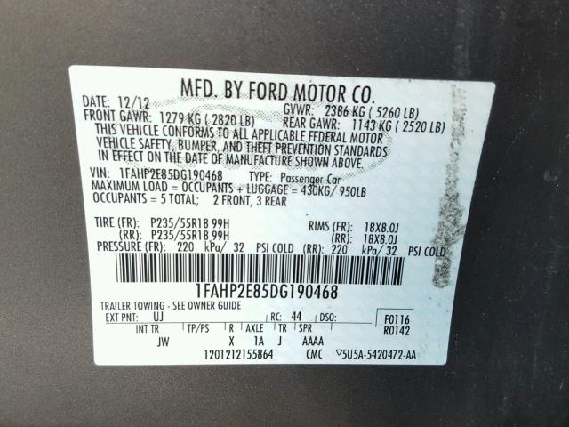 1FAHP2E85DG190468 - 2013 FORD TAURUS SEL SILVER photo 10