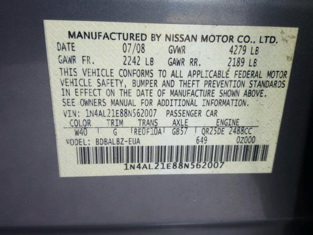 1N4AL21E88N562007 - 2008 NISSAN ALTIMA 2.5 GRAY photo 10