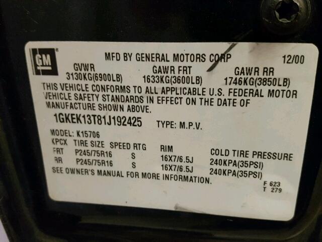 1GKEK13T81J192425 - 2001 GMC YUKON GREEN photo 10