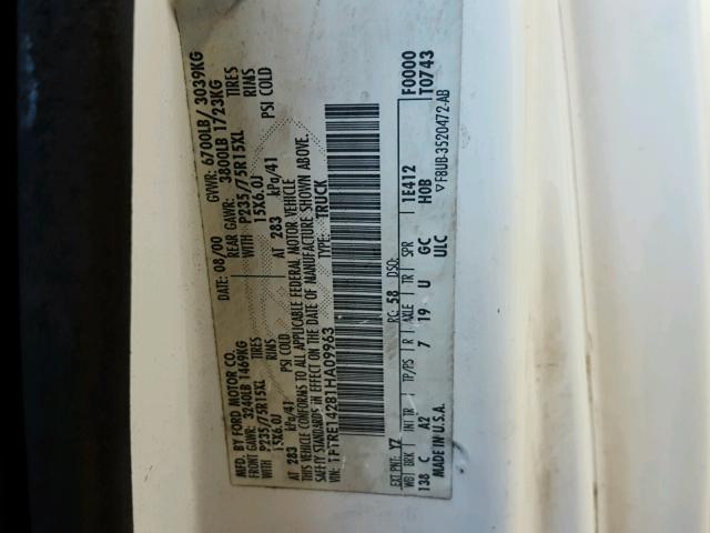 1FTRE14281HA09963 - 2001 FORD ECONOLINE WHITE photo 10