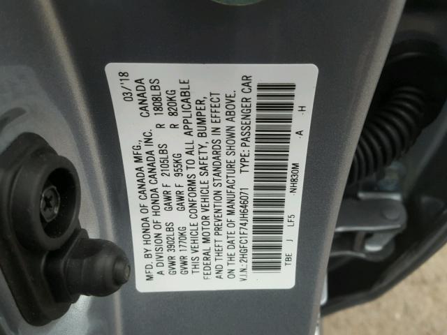 2HGFC1F74JH646071 - 2018 HONDA CIVIC EXL 银色 照片 10