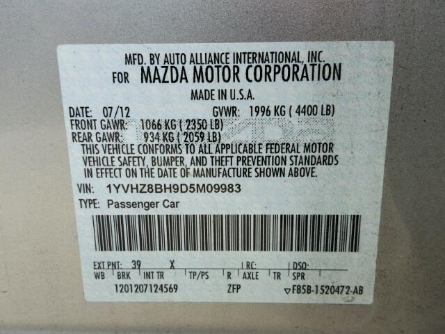 1YVHZ8BH9D5M09983 - 2013 MAZDA 6 SPORT SILVER photo 10