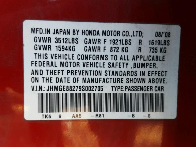 JHMGE88279S002705 - 2009 HONDA FIT RED photo 10