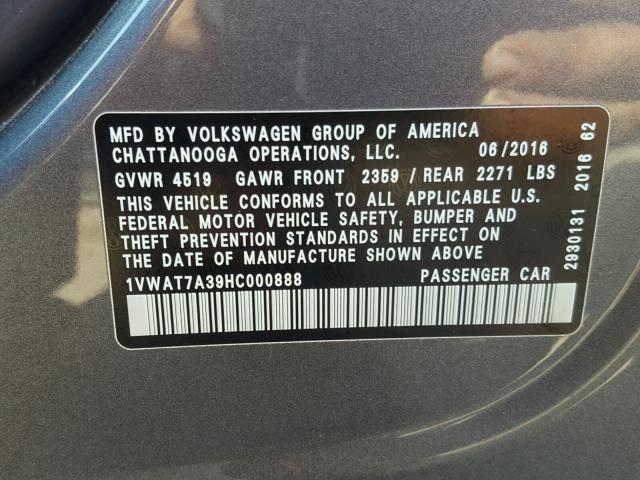 1VWAT7A39HC000888 - 2017 VOLKSWAGEN PASSAT S ნაცრისფერი ფოტო 10