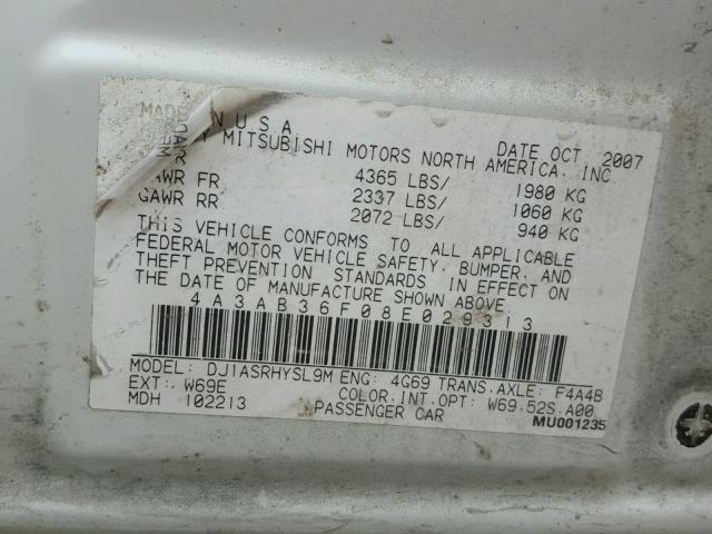 4A3AB36F08E029313 - 2008 MITSUBISHI GALANT ES WHITE photo 10