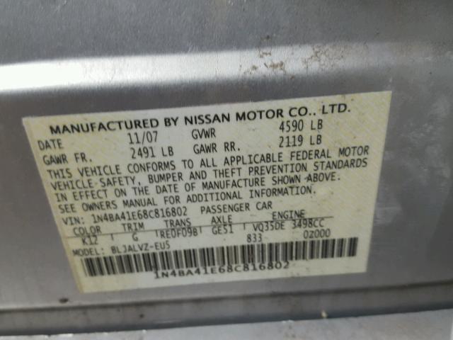 1N4BA41E68C816802 - 2008 NISSAN MAXIMA SE SILVER photo 10