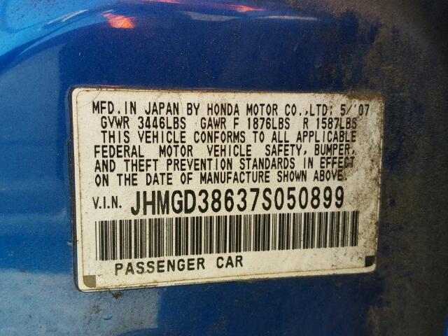 JHMGD38637S050899 - 2007 HONDA FIT S BLUE photo 10