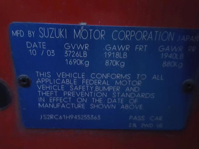 JS2RC61H945255363 - 2004 SUZUKI AERIO SX RED photo 10