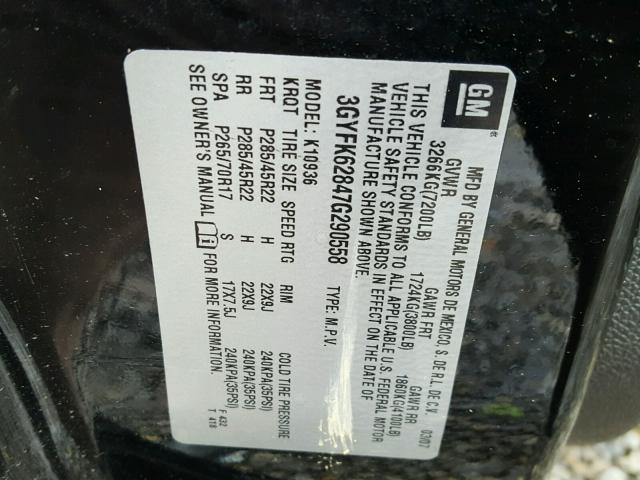 3GYFK62847G290558 - 2007 CADILLAC ESCALADE E BLACK photo 10