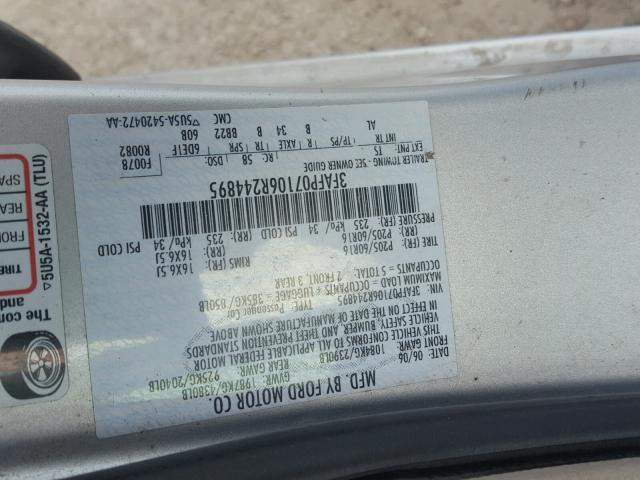 3FAFP07106R244895 - 2006 FORD FUSION SE SILVER photo 10