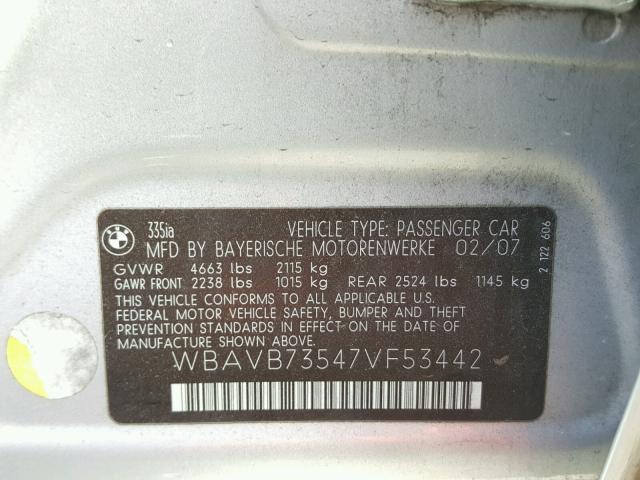 WBAVB73547VF53442 - 2007 BMW 335 I SILVER photo 10