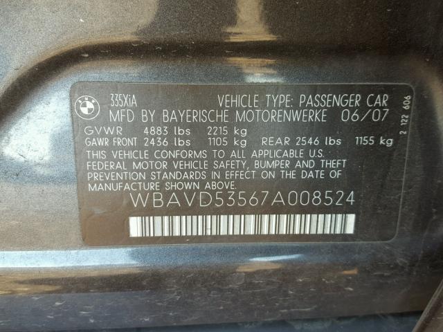 WBAVD53567A008524 - 2007 BMW 335 XI GRAY photo 10