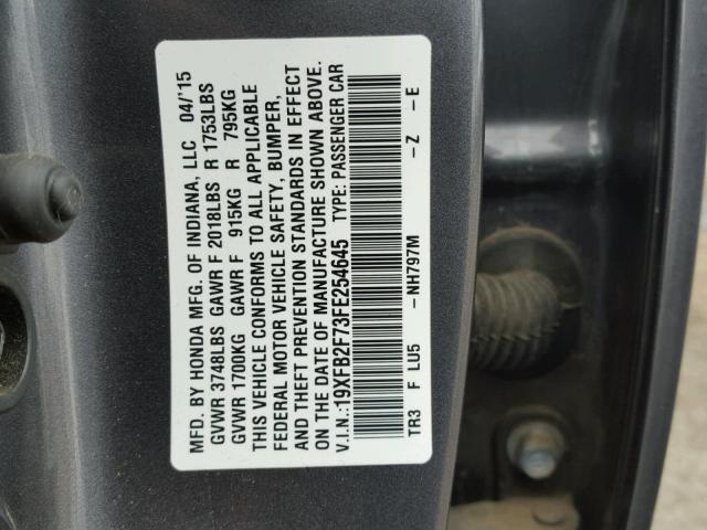 19XFB2F73FE254645 - 2015 HONDA CIVIC SE GRAY photo 10