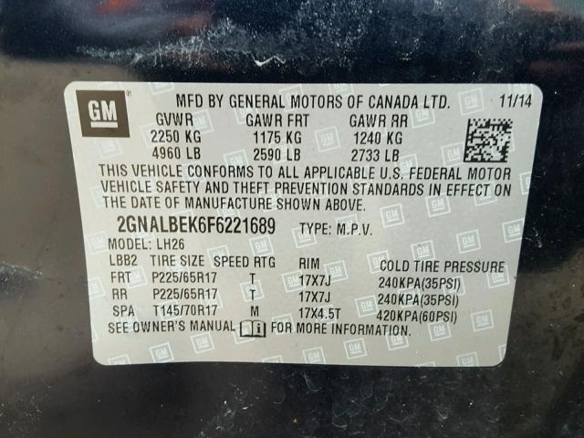 2GNALBEK6F6221689 - 2015 CHEVROLET EQUINOX LT BLUE photo 10