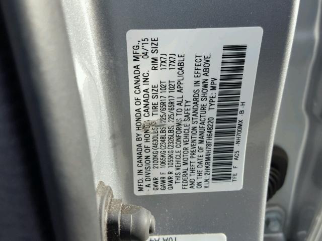 2HKRM4H78FH648220 - 2015 HONDA CR-V EXL SILVER photo 10