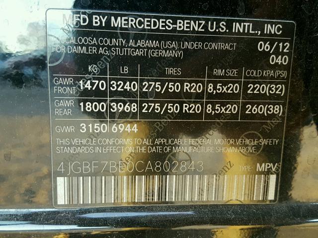 4JGBF7BE0CA802843 - 2012 MERCEDES-BENZ GL 450 4MA BLACK photo 10