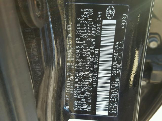 4T1BK1EB1DU023364 - 2013 TOYOTA AVALON BAS BLACK photo 10