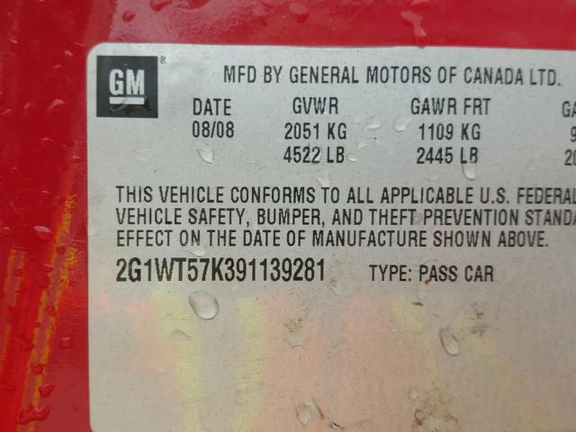 2G1WT57K391139281 - 2009 CHEVROLET IMPALA 1LT RED photo 10