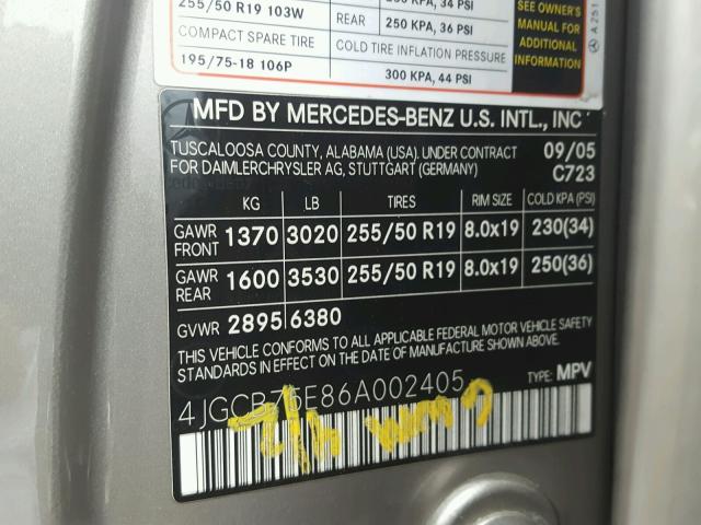 4JGCB75E86A002405 - 2006 MERCEDES-BENZ R 500 SILVER photo 10