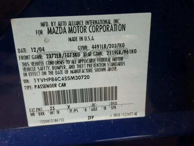 1YVHP84C455M30720 - 2005 MAZDA 6 I Կապույտ լուսանկար 10