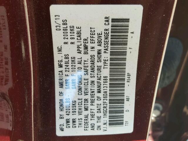 1HGCR2F36DA137686 - 2013 HONDA ACCORD LX MAROON photo 10