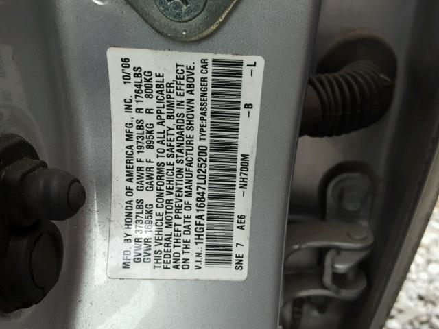 1HGFA16847L025200 - 2007 HONDA CIVIC EX SILVER photo 10