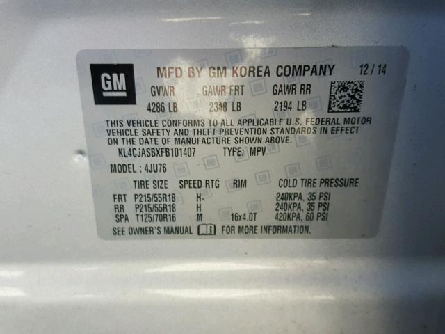 KL4CJASBXFB101407 - 2015 BUICK ENCORE SILVER photo 10