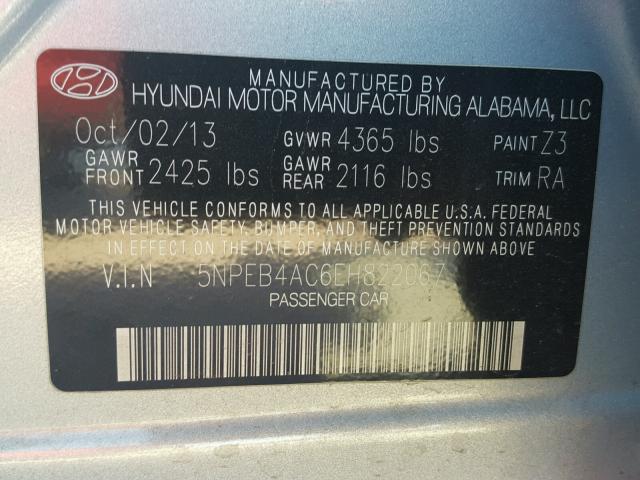 5NPEB4AC6EH822067 - 2014 HYUNDAI SONATA GLS SILVER photo 10