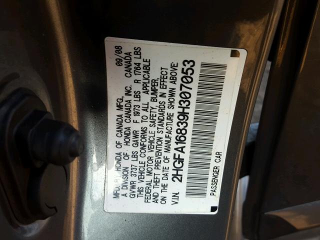 2HGFA16839H307053 - 2009 HONDA CIVIC EX ნაცრისფერი ფოტო 10