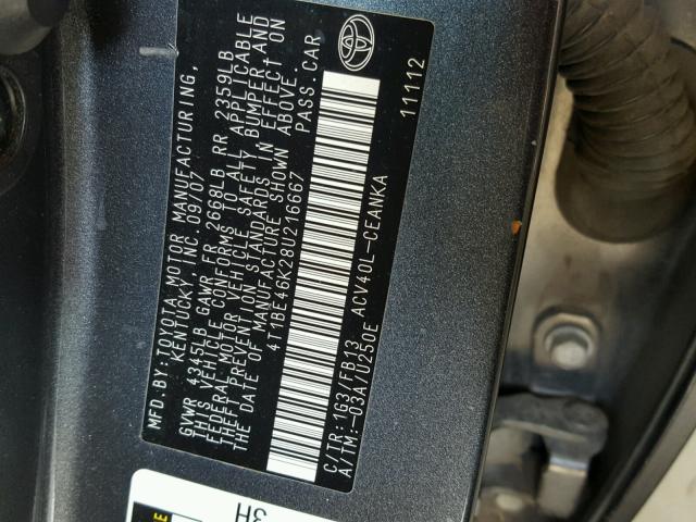 4T1BE46K28U216667 - 2008 TOYOTA CAMRY CE SILVER photo 10