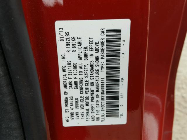 1HGCT1B31DA009471 - 2013 HONDA ACCORD LX- RED photo 10