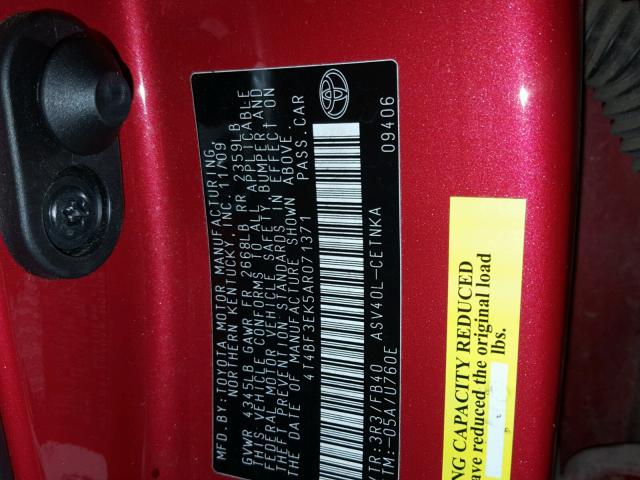 4T4BF3EK5AR071371 - 2010 TOYOTA CAMRY BASE RED photo 10