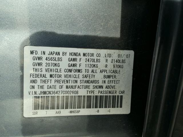 JHMCN36427C002608 - 2007 HONDA ACCORD HYB GRAY photo 10