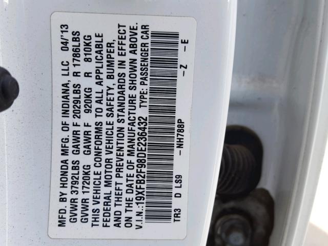 19XFB2F98DE236432 - 2013 HONDA CIVIC EXL WHITE photo 10