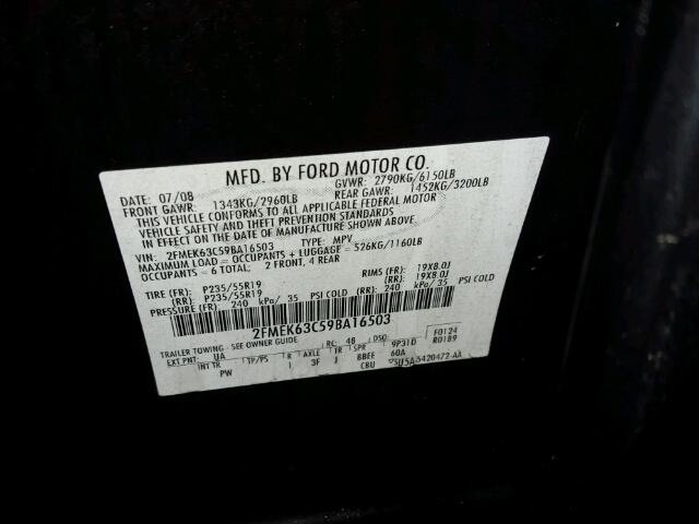 2FMEK63C59BA16503 - 2009 FORD FLEX LIMIT BLACK photo 10