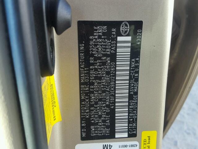 4T1BF3EK9BU212650 - 2011 TOYOTA CAMRY BASE TAN photo 10