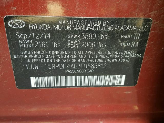 5NPDH4AE3FH585812 - 2015 HYUNDAI ELANTRA SE RED photo 10