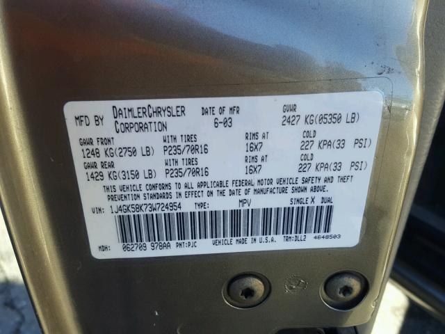 1J4GK58K73W724954 - 2003 JEEP LIBERTY LI GOLD photo 10