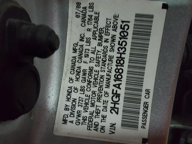 2HGFA16818H351051 - 2008 HONDA CIVIC EX 银色 照片 10