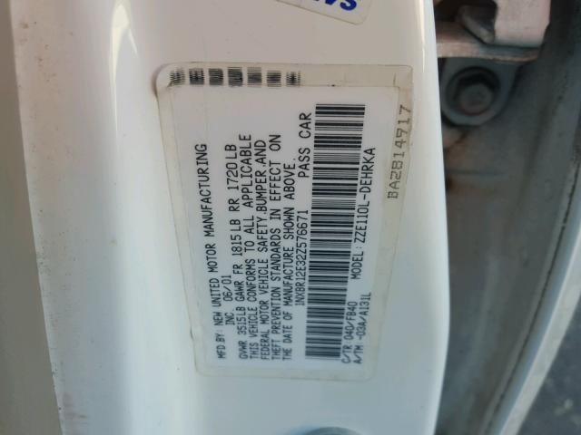 1NXBR12E32Z576671 - 2002 TOYOTA COROLLA CE WHITE photo 10