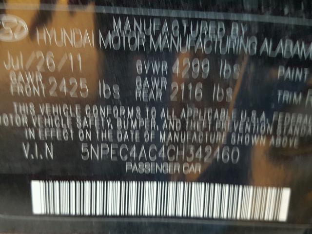 5NPEC4AC4CH342460 - 2012 HYUNDAI SONATA SE BLACK photo 10