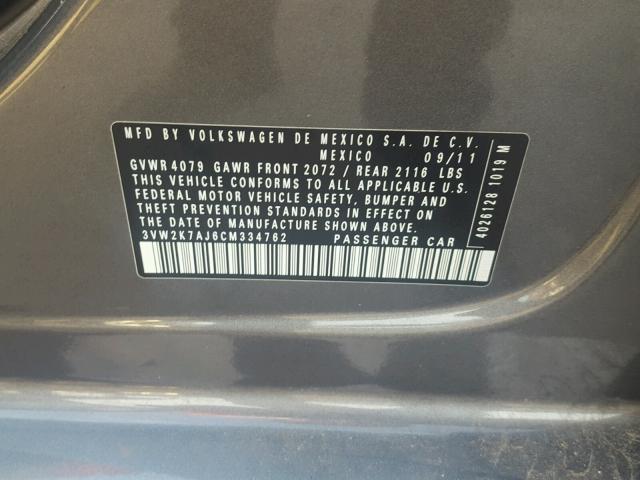 3VW2K7AJ6CM334762 - 2012 VOLKSWAGEN JETTA BASE GRAY photo 10