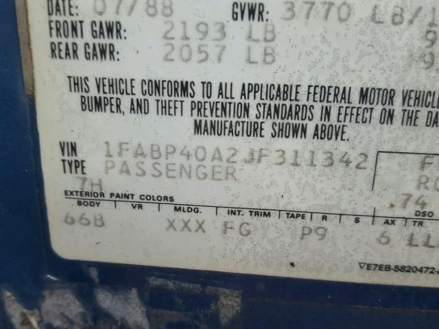 1FABP40A2JF311342 - 1988 FORD MUSTANG LX BLUE photo 10